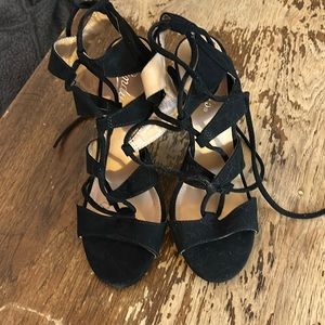Black suede tie up sandal heels
